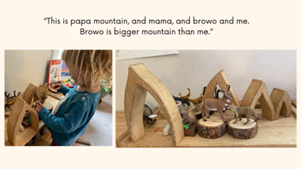 一名学龄前儿童用积木和塑料动物建造了一座山上的房子。