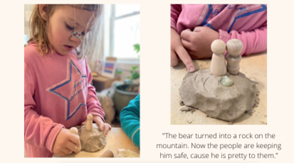 一个学龄前儿童用粘土讲熊和山的故事。