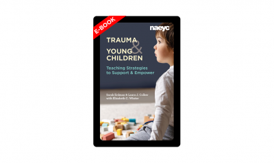 《创伤与儿童》的电子书封面上有一个小男孩和积木