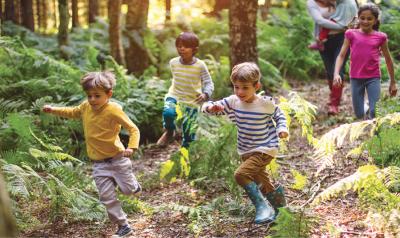 几个孩子在森林里嬉戏地奔跑。
