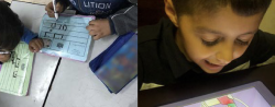 两个图片展示的孩子一起画画,看平板电脑
