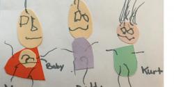 四岁的库尔特在学前班的教室里为一个项目画了一张全家福。他一定要包括他的小妹妹